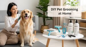 Smiling woman brushing a golden retriever at home with PetPiliot-branded grooming products and tools on a white table in a cozy, well-lit room. Text overlay reads 'DIY Pet Grooming at Home'."