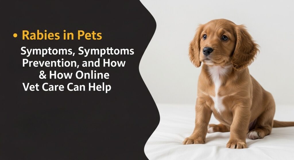 A cute puppy with blog title "Rabies in Pets – Symptoms and Prevention"