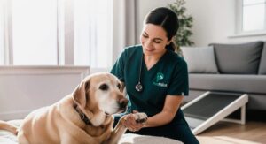Senior dog with arthritis receiving gentle joint care and support at home